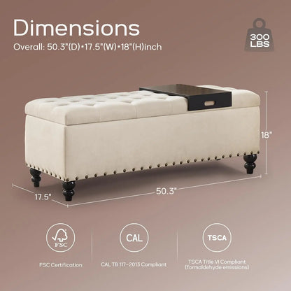 51-inch Storage Ottoman Bench with Removable Tray - Bedroom Bench with Button-Tufted, Safety Hinge Ottoman in Upholstered Fabrics