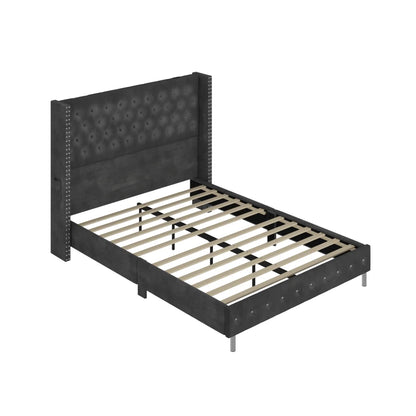 Bed Frame w/ A Wingback Headboard - LED Lights & Charging Station - Modern Upholstered Platform with Diamond Button Tuff
