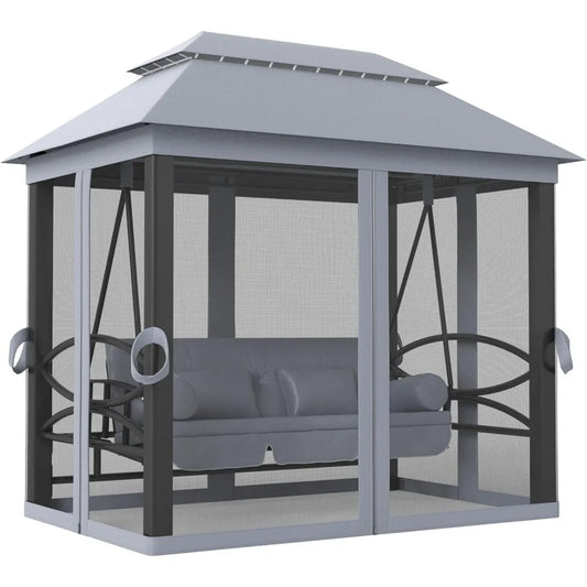 Patio Swing Chair/Bed - Outdoor Gazebo Swing with Double Tier Canopy - Mesh Sidewalls - Cushioned Seat and Pillows