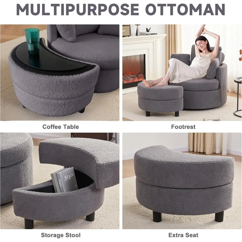 Swivel Accent Barrel Chair for Living Room - Oversized Swivel Round Chair with Storage - Chaise Lounge with Removable Pillows
