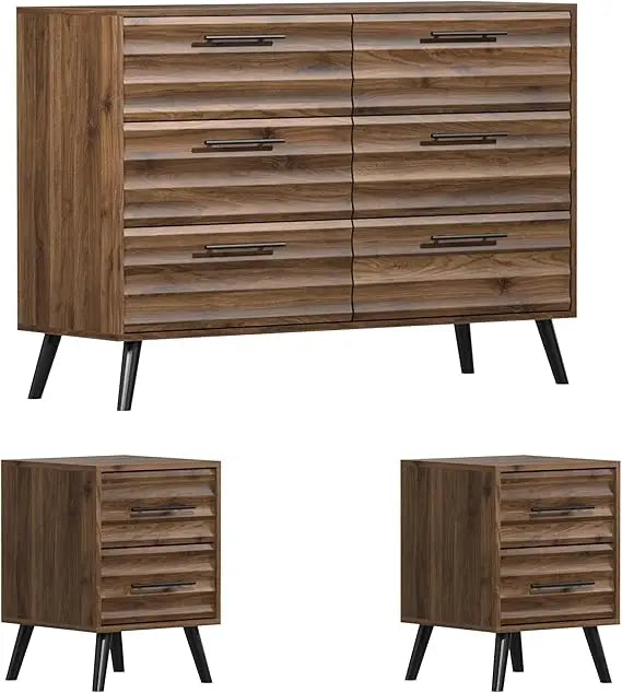 3 Pcs Bedroom Set - Rustic Wood 6 Drawer Dresser and Nightstands