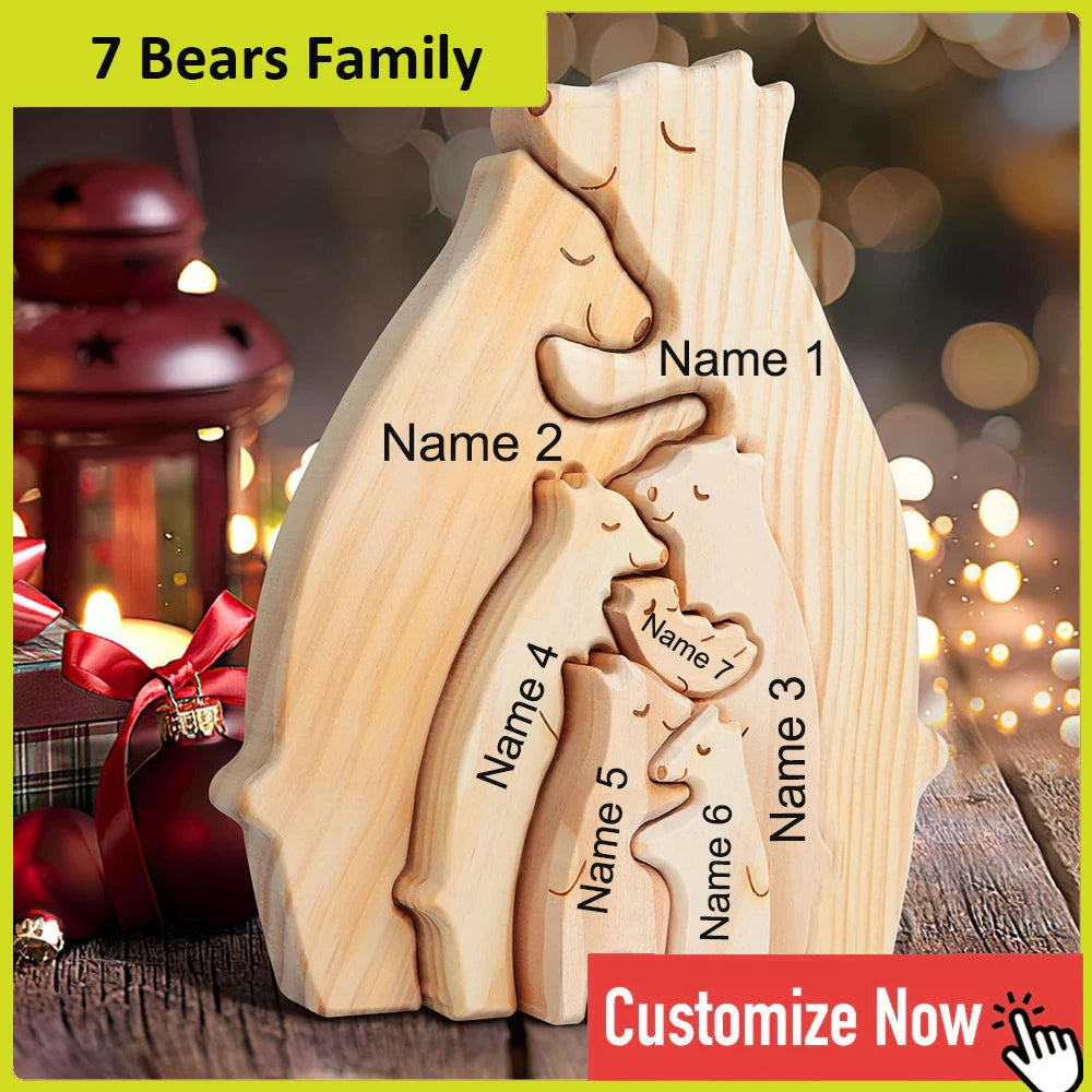 Personalized Custom Bear Family, Wooden Puzzle, Free Name Engraving