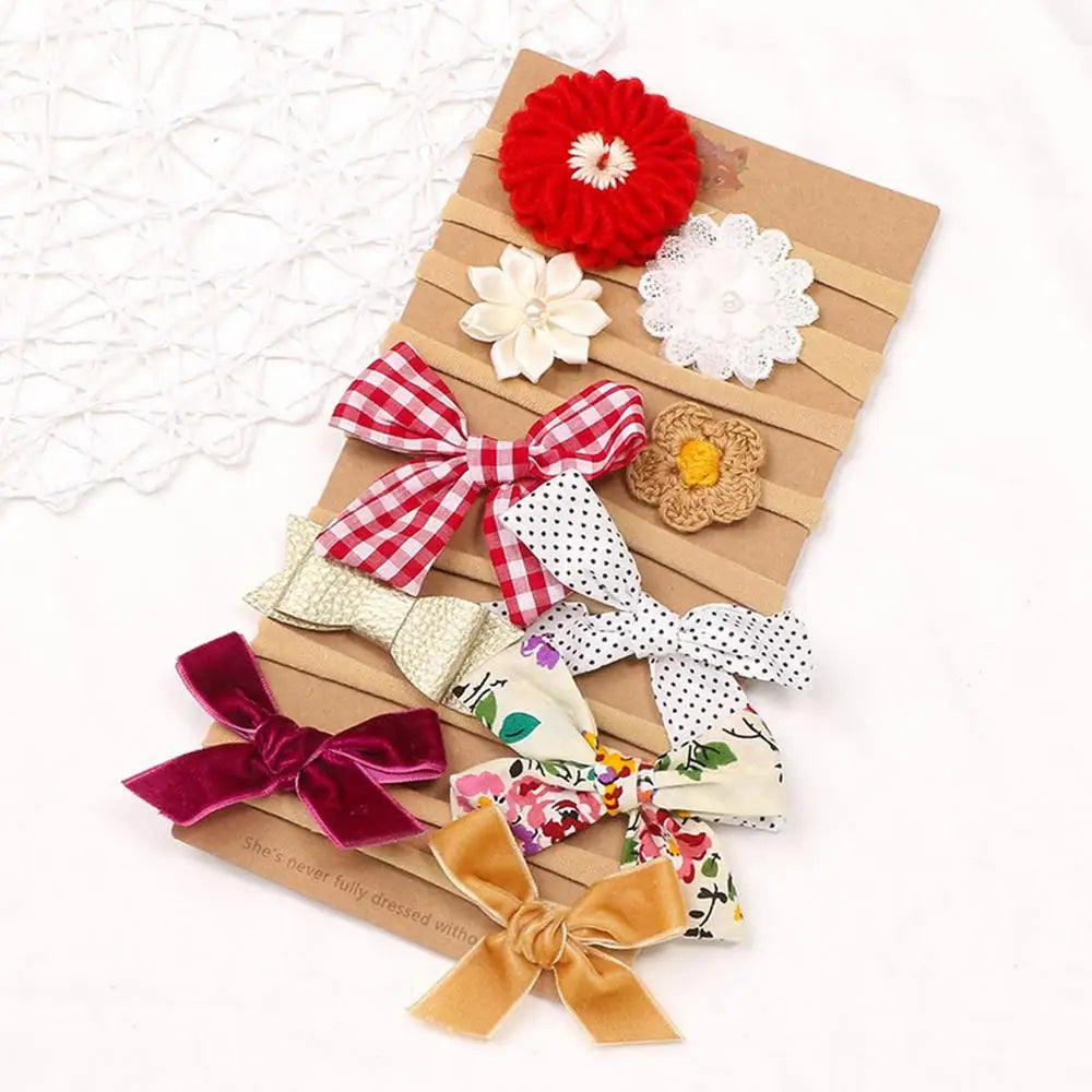 Baby Nylon Headband Bows - 10 Pieces - Handmade Tied Bow For Little Ones & Toddlers - Comfortable, Soft & Stretchy