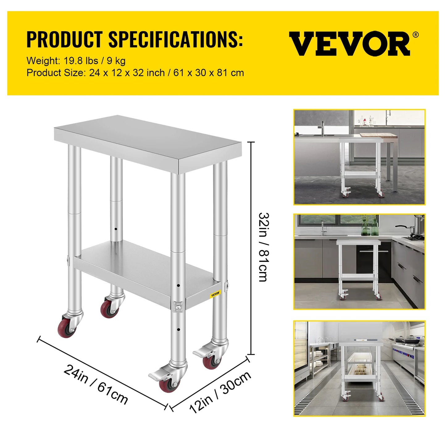 Stainless Steel Kitchen Work Space 2 Shelves, Moveable