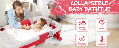 Portable Baby Bath with Soft Cushion & Thermometer, Newborn to Toddler 0-36 Months,