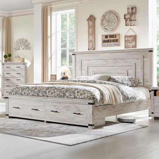 Queen Size Bed Frame w/ 54" Tall Geometric Headboard - Rustic Wood Platform Bed w/ 2 Large Storage Drawers