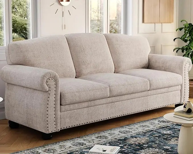 90" Nail Head Decorative Sofa - Comfortable Cushioned 3-seat Velvet Sofa with Wooden Legs - 23" Deep Seat Roller Arm Sofa