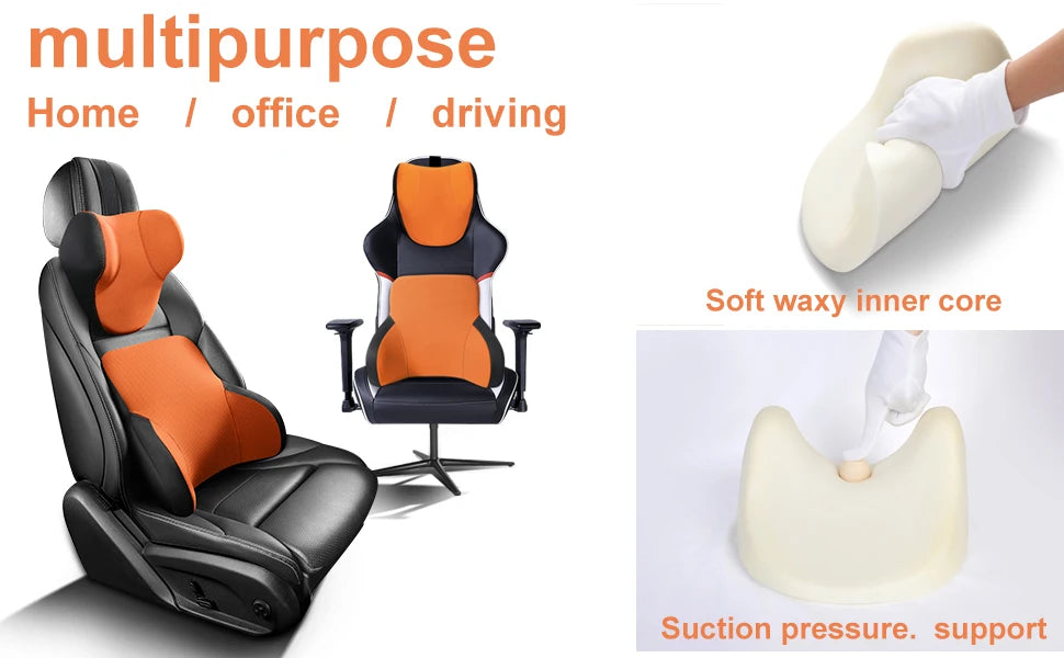 Memory Cotton Neck & Car Seat Pillow Support - Auto Lumbar Cushion - Comfortable and Breathable Car Headrest & Lumbar Support