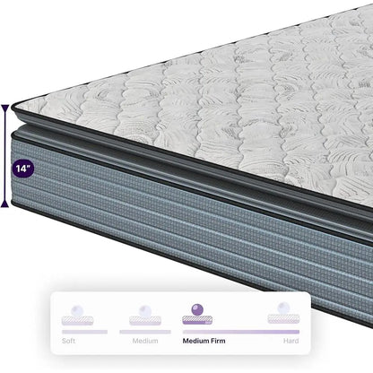 14 Inch Hybrid Pillow Top Queen Mattress, Left - Medium Firm Support - CertiPUR-US Certified Pressure Relief - Motion Isolation - Breathable
