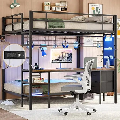Metal Full Size Over Twin Loft Bed with Led Lights, Storage Shelves and Charging Station