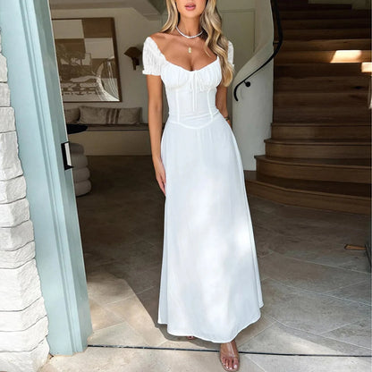 2025 Ladies Maxi Dress - Solid Colors - Chest Wrap - Bowknot Lace-up 2025