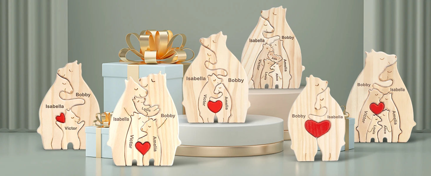 Personalized Custom Bear Family, Wooden Puzzle, Free Name Engraving