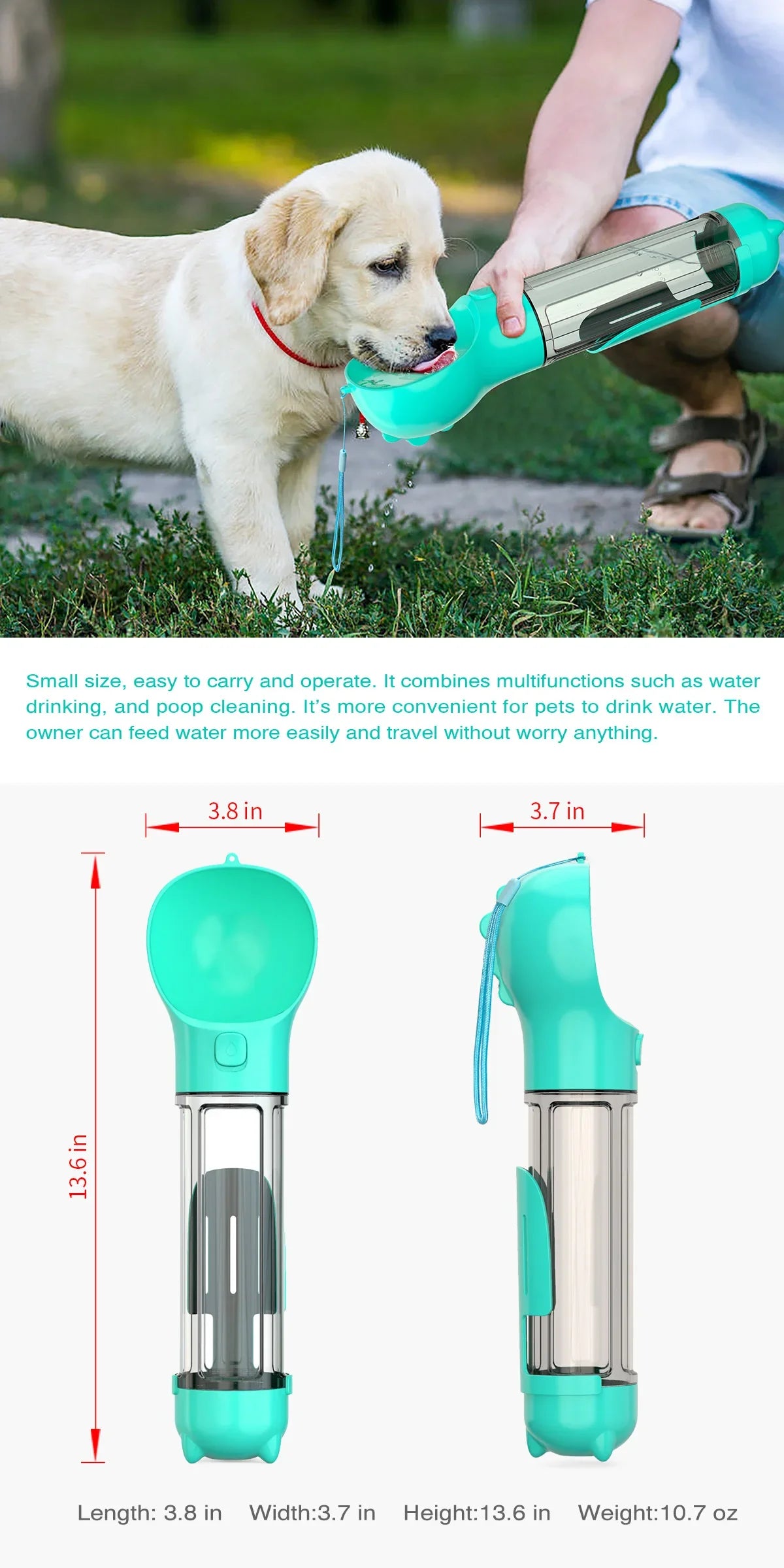 Portable Pet Dog Water Bottle For Small, Large Dogs - Travel Puppy, Cat Drinking Bowl Outdoor Pet Water Dispenser & Feeder with shovel & Pet's Poo Bags