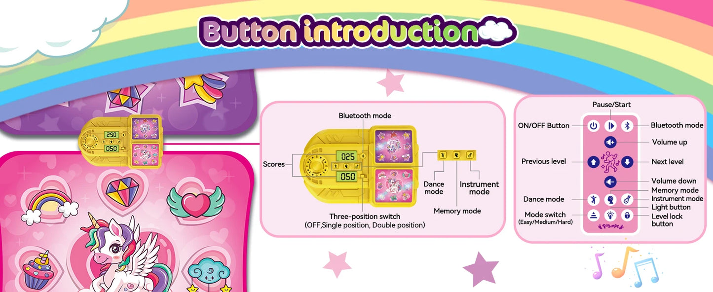 Unicorn Dance Mat x2 For Girls - A 9-Level Dancing Game - Indoor Or Outdoor Music Play Mat