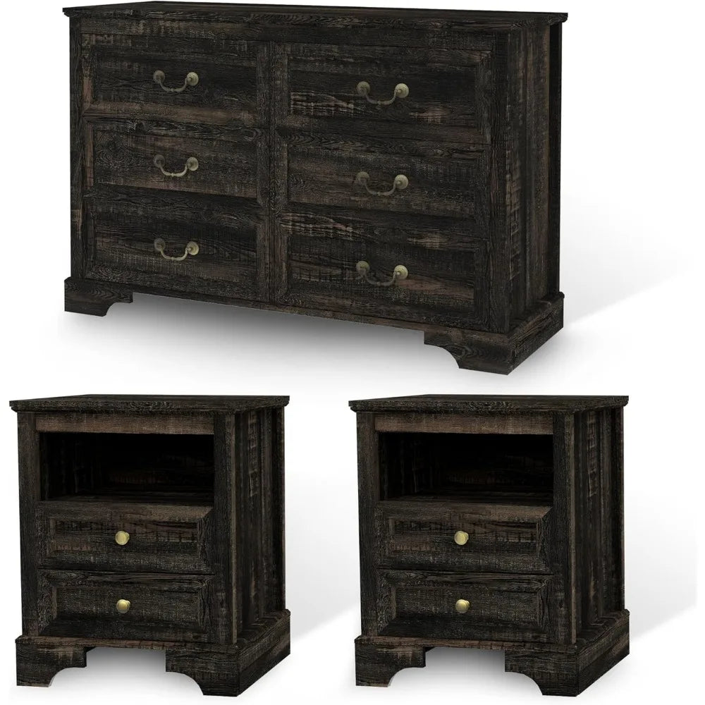 3 Pcs Bedroom Set - Rustic Wood 6 Drawer Dresser and Nightstands