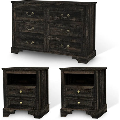 3 Pcs Bedroom Set - Rustic Wood 6 Drawer Dresser and Nightstands