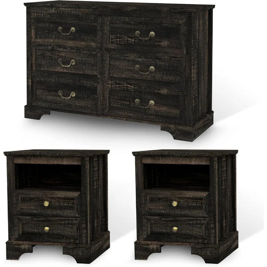 3 Pcs Bedroom Set - Rustic Wood 6 Drawer Dresser and Nightstands