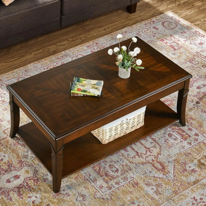 Solid Wood Coffee Table with Storage Shelf - Mid-Century Living Room Table with Wood Carved Tabletop and Legs - 43.3” Splicing