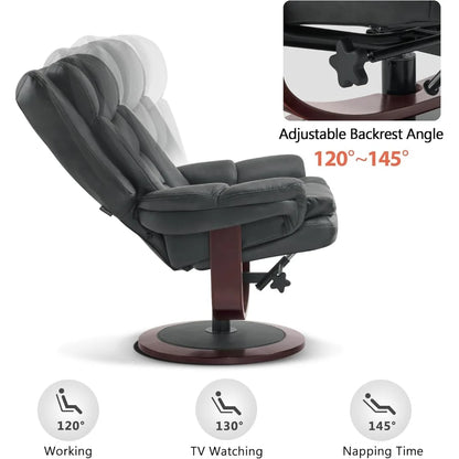 Swivel Recliner with Ottoman - Reclining Chair with Adjustable Back - Faux Leather - Upholstered Lounge Chair for Living Room Or Office
