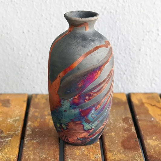 7 inch Raku Ceramic Pottery Vase - Carbon, Half Copper & Matte Raku Pottery with Open Neck