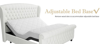 Queen Size Platform Bed Frame - Chenille Upholstered Sleigh Bed with Wingback Headboard - No Box Spring - Cream