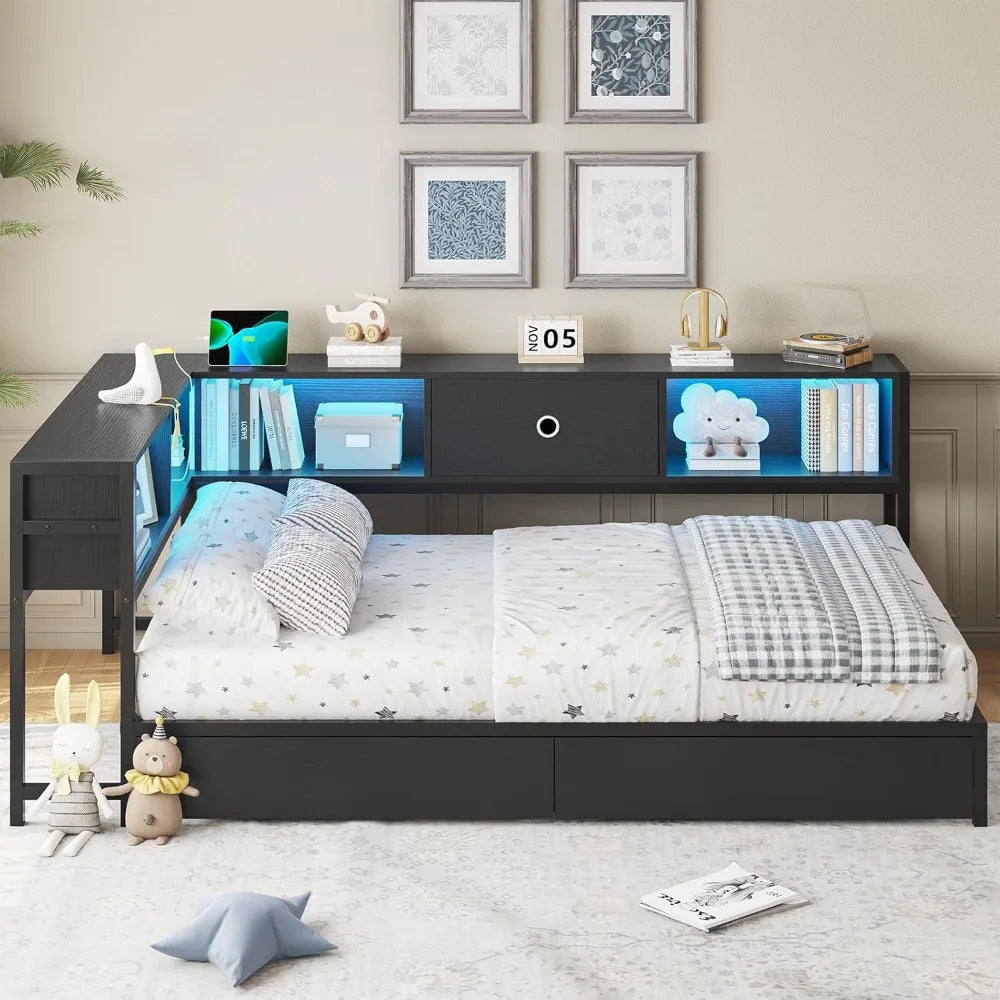 Corner Bed Frame with Bookcase Storage and LED Lights - Twin XL Metal Platform Bed Frame with Storage, Drawers & Charging Station