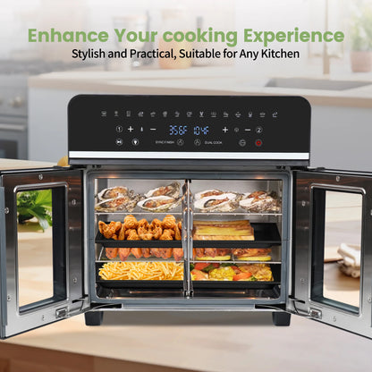 Dual Zone Hot Air Fryer - 24QT - XXL Oven with LED Touch Screen - 15 in 1, Luxury Accessories with Recipe Book