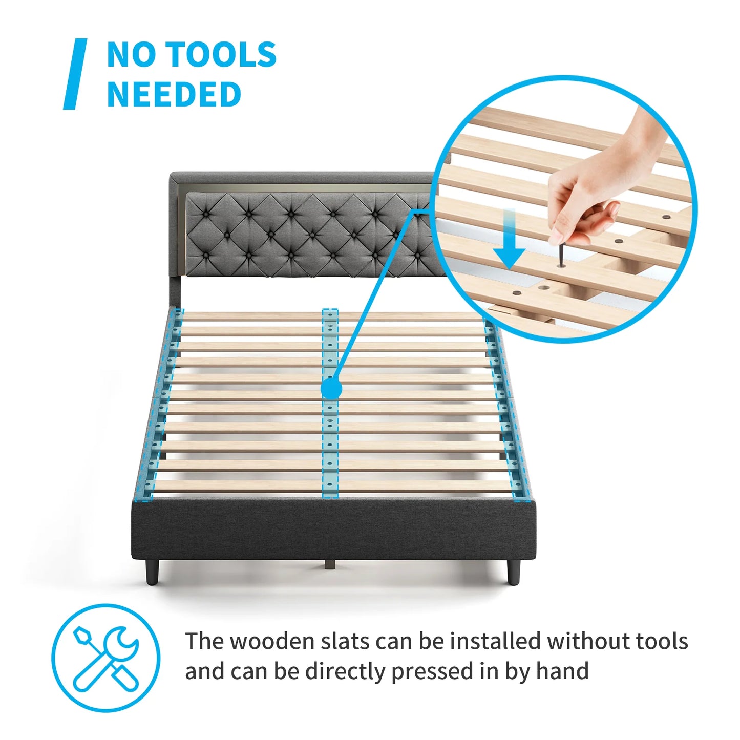 A Bed Frame - Upholstered Mattress Frame with Adjustable Headboard - Thin Velvet Bed Frame with Button Tufted Headboard