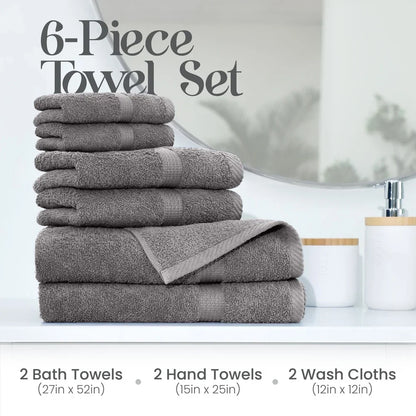6-Piece Towel Set - 600 GSM 100% Cotton Ultra Absorbent &Soft - Daily Use Bath Towels, Hand Towels, Washcloths - Quick Dry Machine