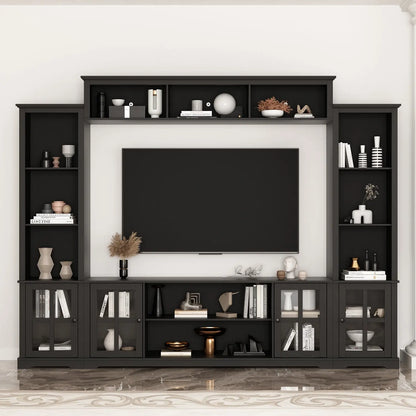 Modern TV Stand for up to 66" TVs - 4-Piece Wall Unit with Bookshelves, Glass Doors & Open Shelves, for Living Room