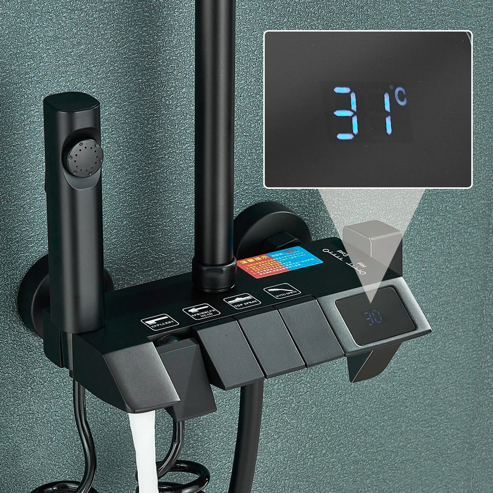 Rozin Black Smart Digital Display Shower Faucet Set - Piano Style Rainfall Bathroom System - Grey Digital Mixer Tap & Bidet Shower
