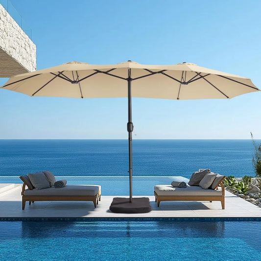 15ft Large Patio Umbrella with Base Included - Outdoor Double-Sided Umbrella with Crank Handle - Powerful UV Protective, for Poo