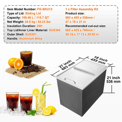 VEVOR Stainless Steel Ice Chest Bin with Sliding Cover, Kitchen or Outdoor Use