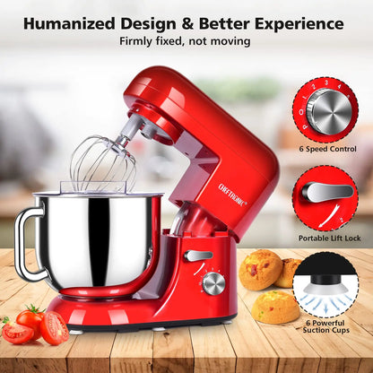 Cheftronic 6 Speed Stand Mixer with 7 Quart Stainless Steel Mixing Bowl - Dough hook, Egg whisk, Kitchen Mixer