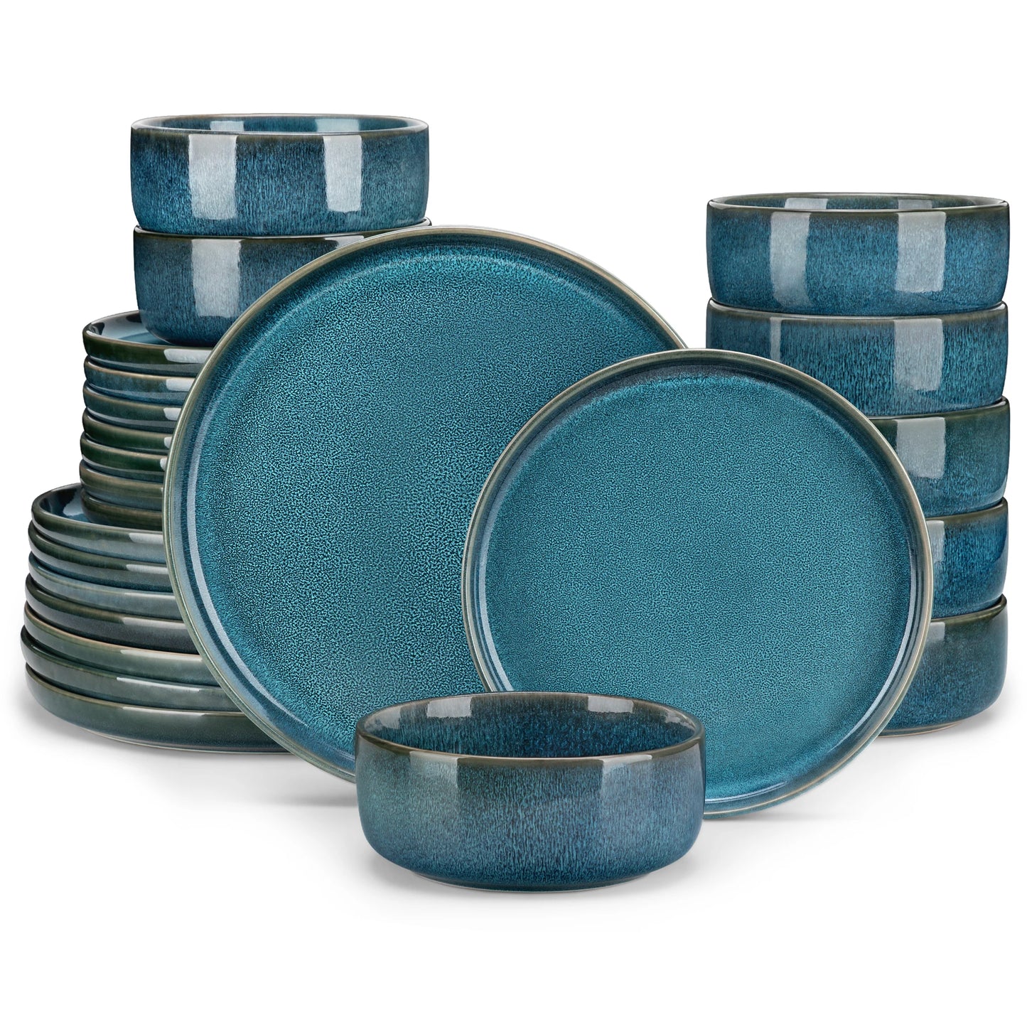 Vancasso 12/24Piece Ceramic Plate Set - Blue Reactive Glaze - Vertical Edge Tableware Set with 4/6 Sets, Dinner Plate/Dessert/Bowl