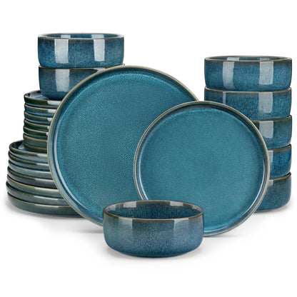 Vancasso 12/24Piece Ceramic Plate Set - Blue Reactive Glaze - Vertical Edge Tableware Set with 4/6 Sets, Dinner Plate/Dessert/Bowl