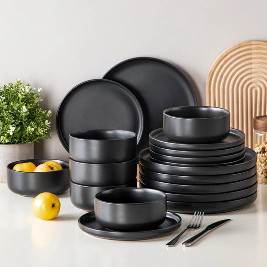 18/36 Piece Black Ceramic Plate Sets - Stoneware Dinner Set - Elegant Dinnerware with 6/12PCS Dinner Plate/Dessert/Bowl