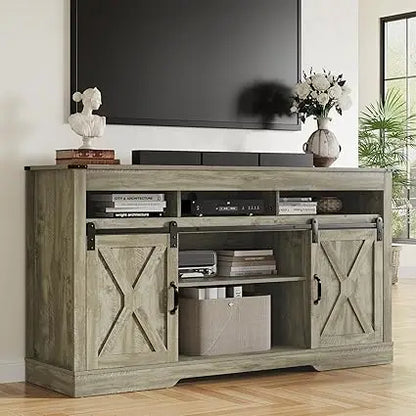 Farmhouse TV Stand for 27-65 Inch TV - Tall Entertainment Center with Storage Cabinets and Sliding Barn Doors
