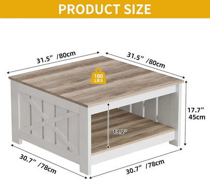 Square Coffee Table for Living Room with Storage - 2-Tier Wood Coffee Table Center Table , Grey Wash