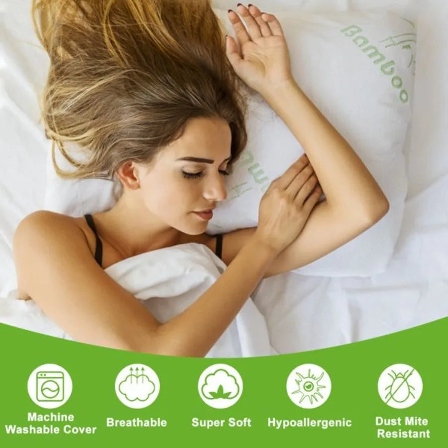 2Pcs Bamboo Memory Foam Pillow - Hypoallergenic Bed Pillow For Neck Rest, Sleeping Shredded Pillow - Washable Cover Queen Size