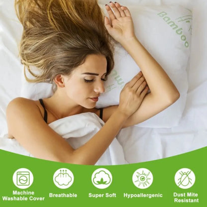 2Pcs Bamboo Memory Foam Pillow - Hypoallergenic Bed Pillow For Neck Rest, Sleeping Shredded Pillow - Washable Cover Queen Size