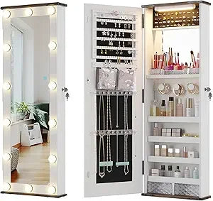 Jewelry Cabinet with LED 10 Light Bulbs - Tall Lockable Wall or Door Mounted Jewelry Armoire Organizer with Mirror - White