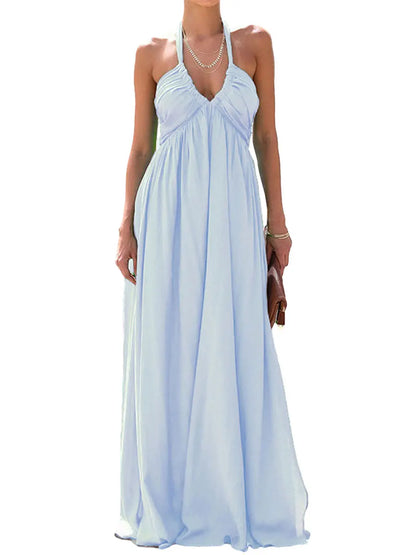 Women Summer Casual Maxi Dress - Solid Color - Tie-Up Halter Neck, Sleeveless & Backless Dress