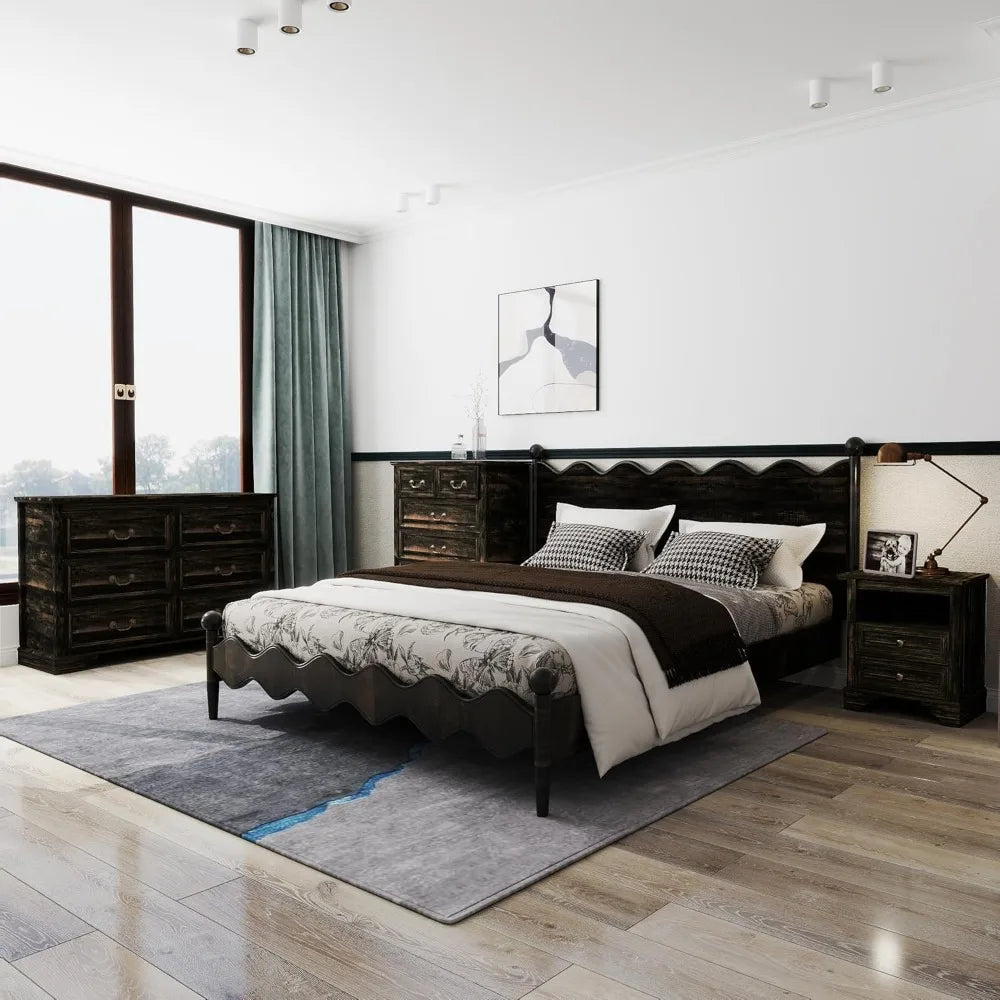 3 Pcs Bedroom Set - Rustic Wood 6 Drawer Dresser and Nightstands