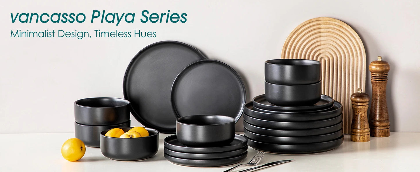 18/36 Piece Black Ceramic Plate Sets - Stoneware Dinner Set - Elegant Dinnerware with 6/12PCS Dinner Plate/Dessert/Bowl