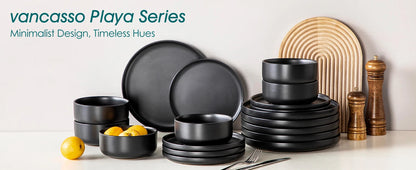 18/36 Piece Black Ceramic Plate Sets - Stoneware Dinner Set - Elegant Dinnerware with 6/12PCS Dinner Plate/Dessert/Bowl