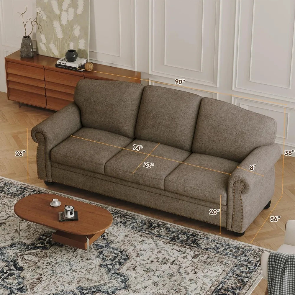 90" Nail Head Decorative Sofa - Comfortable Cushioned 3-seat Velvet Sofa with Wooden Legs - 23" Deep Seat Roller Arm Sofa