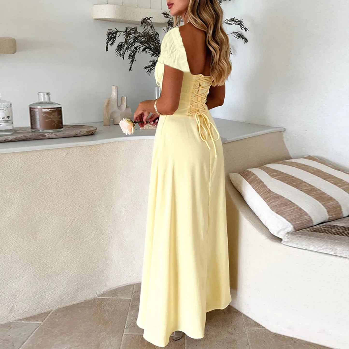 2025 Ladies Maxi Dress - Solid Colors - Chest Wrap - Bowknot Lace-up 2025