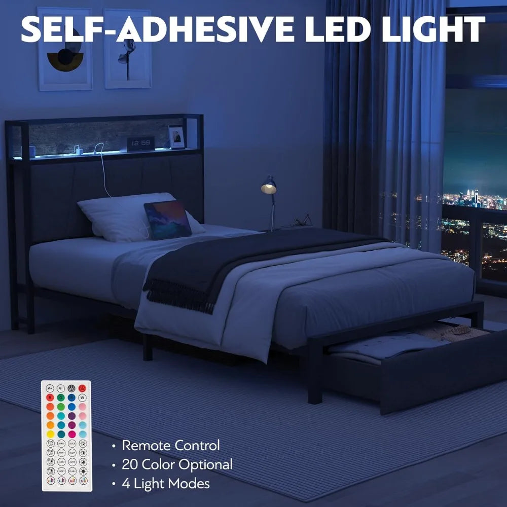 Twin Size Bed Frame with Headboard and Storage - Platform Bed Frame with Drawer Storage - Charging Station & LED Light