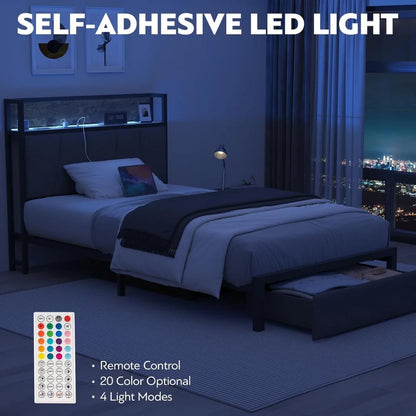 Twin Size Bed Frame with Headboard and Storage - Platform Bed Frame with Drawer Storage - Charging Station & LED Light